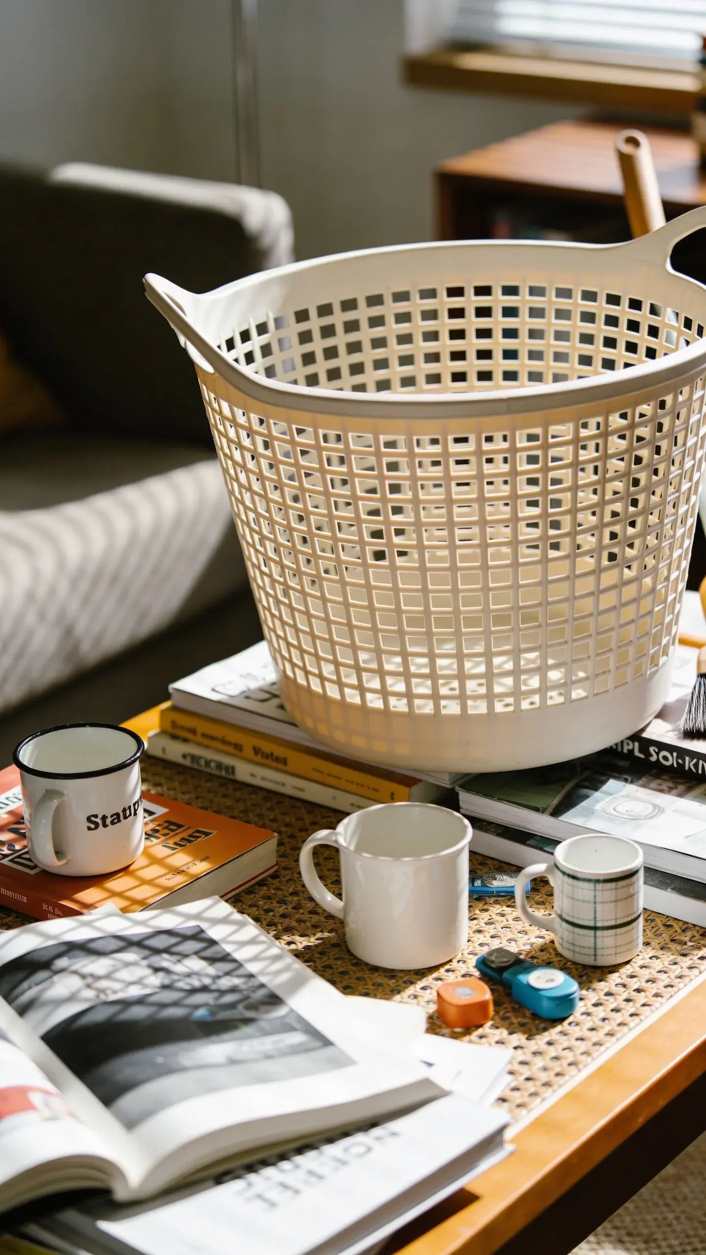 laundry basket sweeping cluttered coffee table, bright natural light