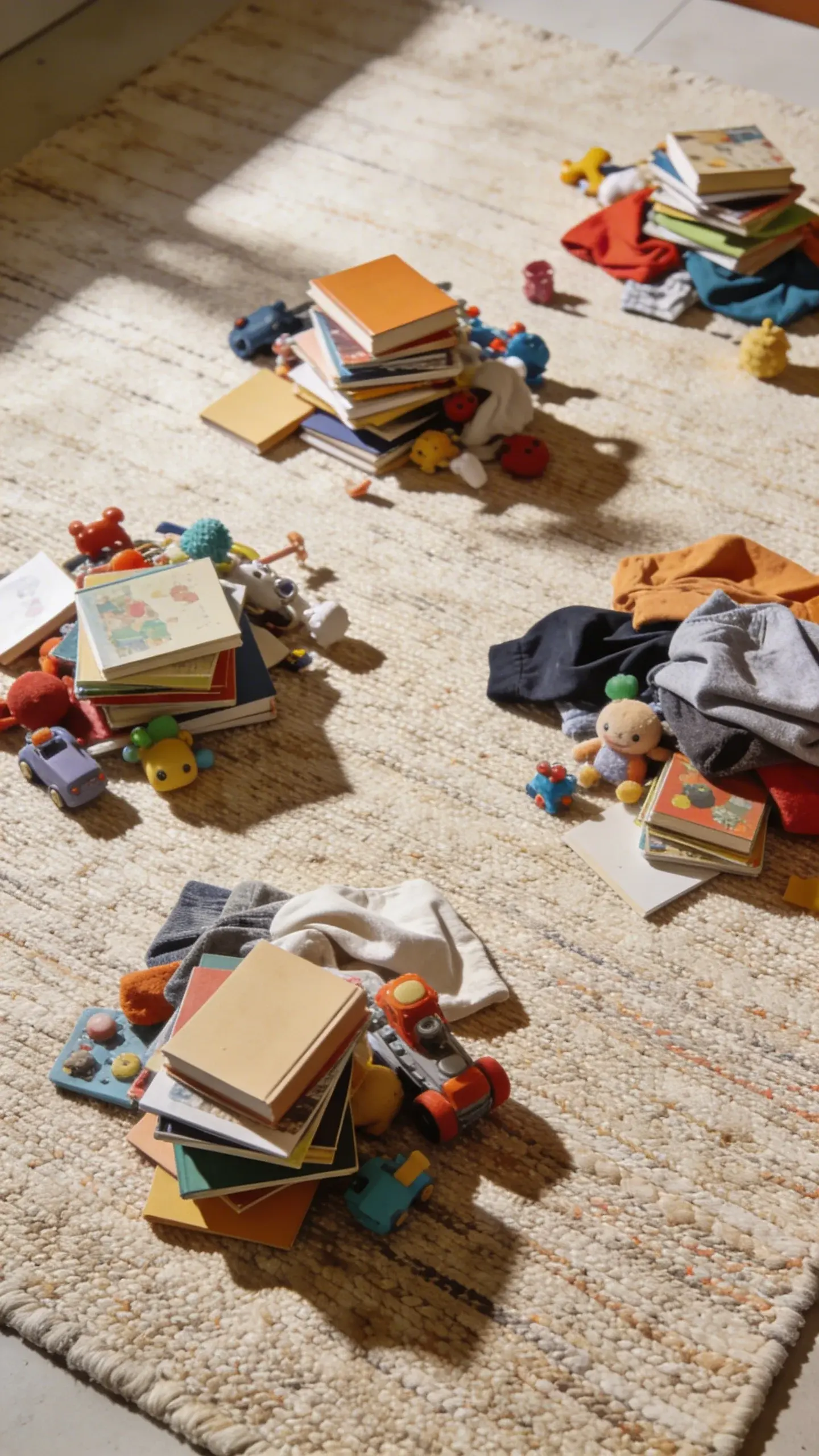 labeled piles keep relocate out on rug, overhead shot
