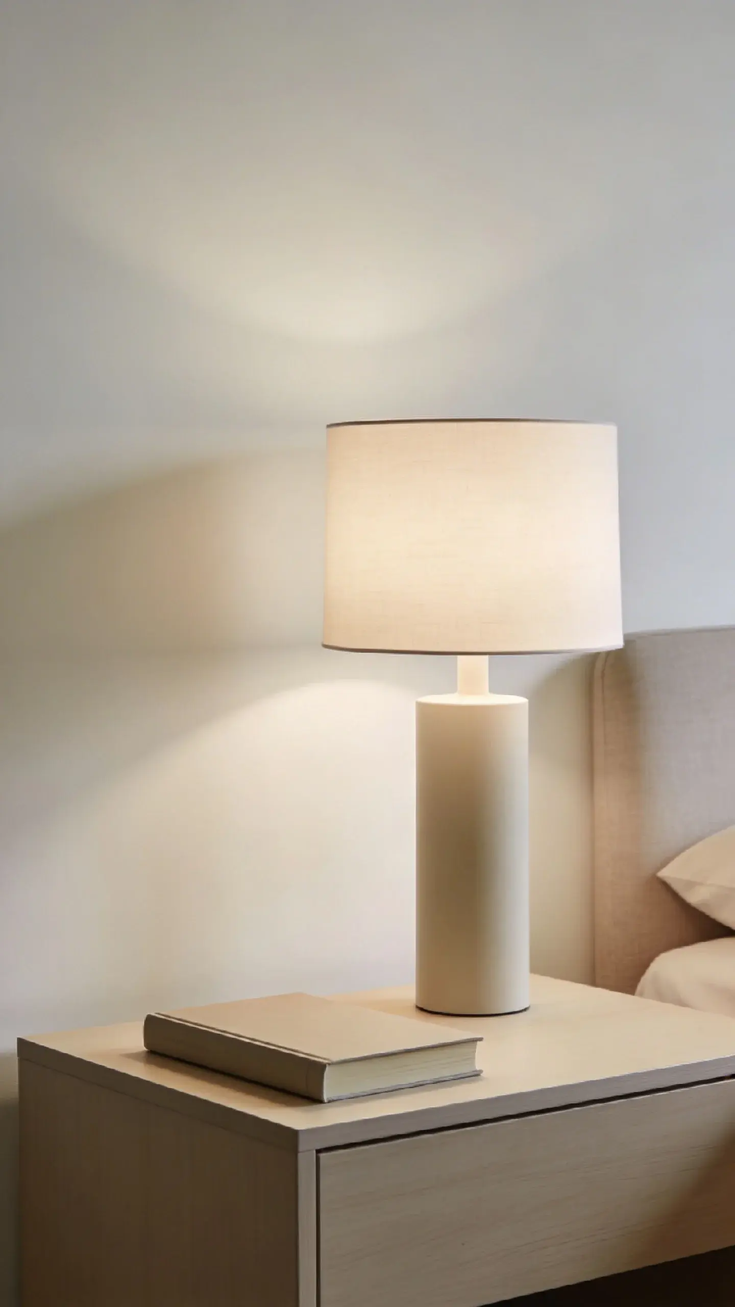 minimalist nightstand cleared, single lamp and book, clean lines