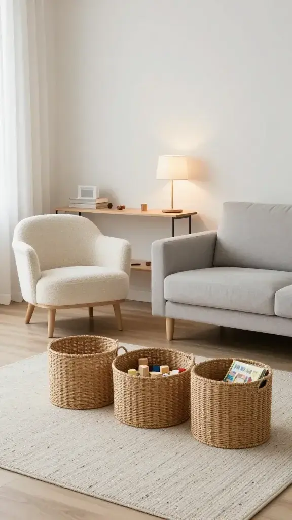 Cozy Scandinavian-style living room where furniture “floats” to create a boundary: angled accent chair with boucle upholstery, slim console behind a light-gray sofa, and a compact play corner on a speckled rug; low-profile toy storage in rattan baskets, wooden blocks and picture books visible, soft ambient lighting from a floor lamp, clean lines and clutter-free surfaces—no text on image.