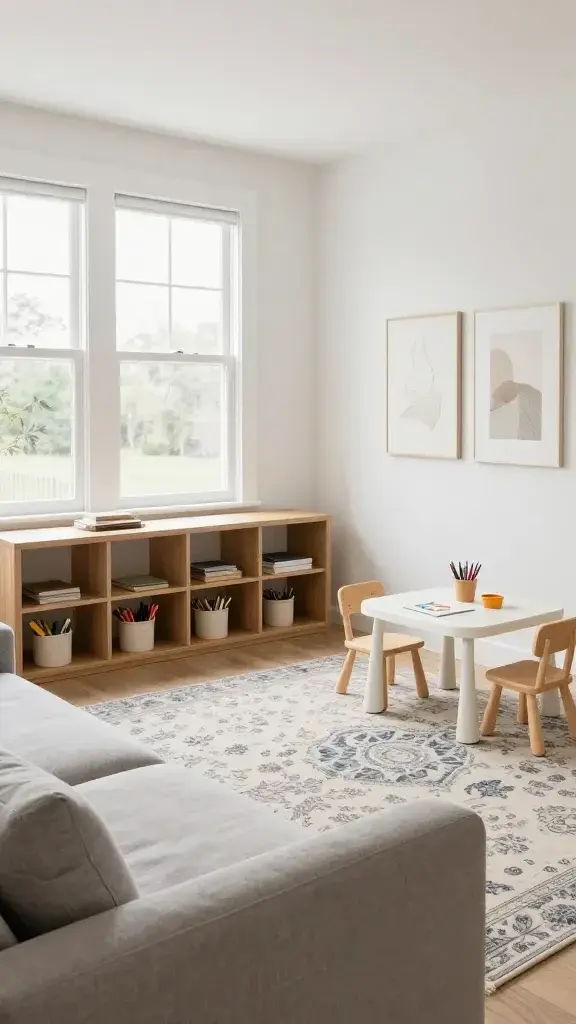 Supervision-friendly setup with clear sightlines: camera angle from sofa perspective looking across to a kids’ area with low open shelving (natural wood), a 5x7 stain-hiding patterned rug, a small child-size table and two chairs, and art supplies in labeled baskets; airy contemporary room with white walls, wide windows, and a gallery wall of neutral-toned art, everything cohesive with the living room aesthetic—no text on image.