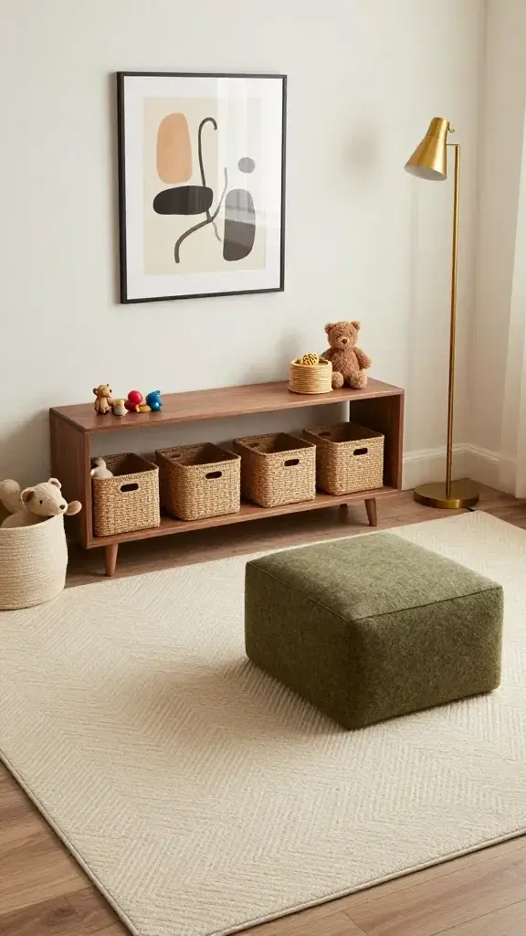 Play area that blends with grown-up decor: mid-century modern living room palette (walnut, cream, olive) with a compact play zone on a durable herringbone-patterned rug; toys in lidded woven bins under a narrow console, a felt storage ottoman doubling as seating, soft plush animals in a corner basket; framed abstract print above, brass floor lamp, tasteful and calm—no text on image.