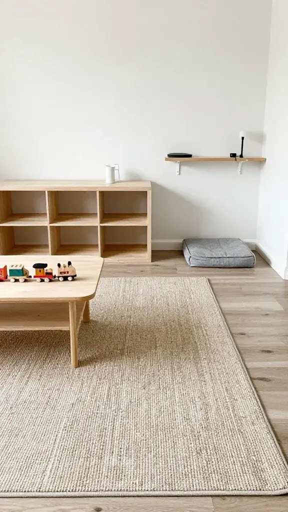 Kid zone defined by texture and layout: contemporary living room with a chenille area rug in the adult seating space and, adjacent, a smaller 5x7 kids’ rug in a forgiving speckled pattern; open cubby shelf at child height, magnetic wooden trains on a low coffee table, a reading nook with a floor cushion and wall-mounted picture ledge; natural daylight, neutral color scheme with subtle pops—no text on image.