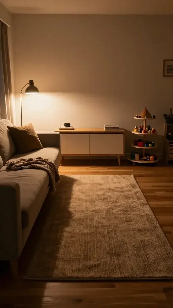 Evening scene emphasizing practicality and style: moody, warm-toned living room with layered lighting (sconce, table lamp), a compact play rug in earthy tones, sofa floated to create a corridor-like edge, slim console with closed storage, and a tidy toy rotation on open shelves; hardwood floors, textured throw blankets, minimal clutter, cohesive look that feels intentional and family-friendly—no text on image.