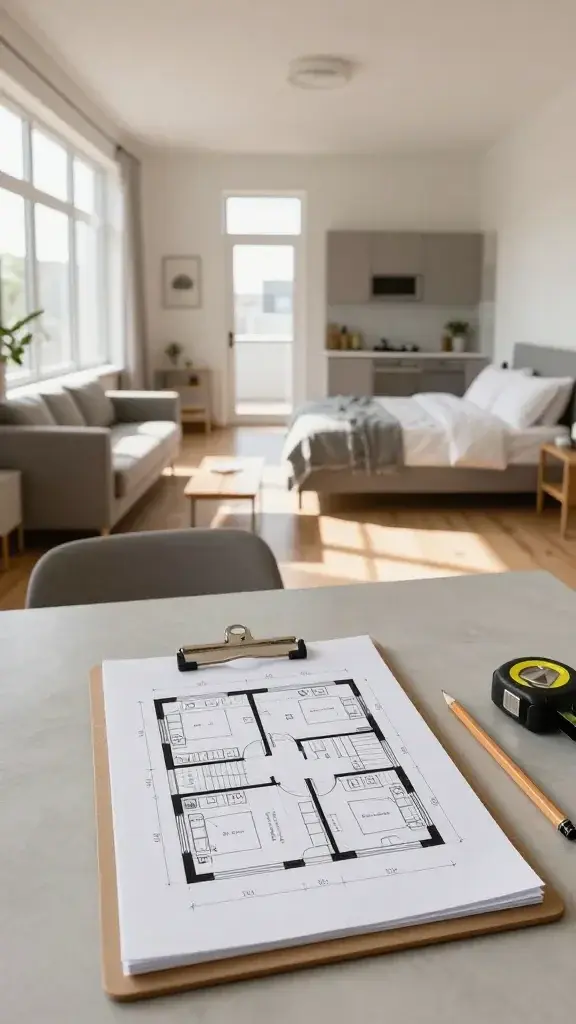 Sunlit studio apartment with high ceilings and large windows, a hand-drawn floor plan sketch on a clipboard resting on a dining table in the foreground, tape measure and pencil nearby; in the background, the bed is positioned in a far corner away from the entry and kitchen, sofa and coffee table oriented to create a clear walkway from the front door to the seating area, neutral color palette with warm wood floors.