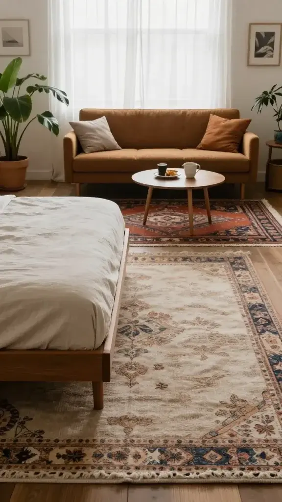 Cozy studio divided by rugs: a low platform bed with linen bedding sits atop a soft, textured area rug that extends beyond the sides and foot; across the room, a separate bold-patterned rug anchors a mid-century sofa and round coffee table; visible gap between the two rugs creates a psychological boundary, natural light filtering through sheer curtains, plants softening edges.