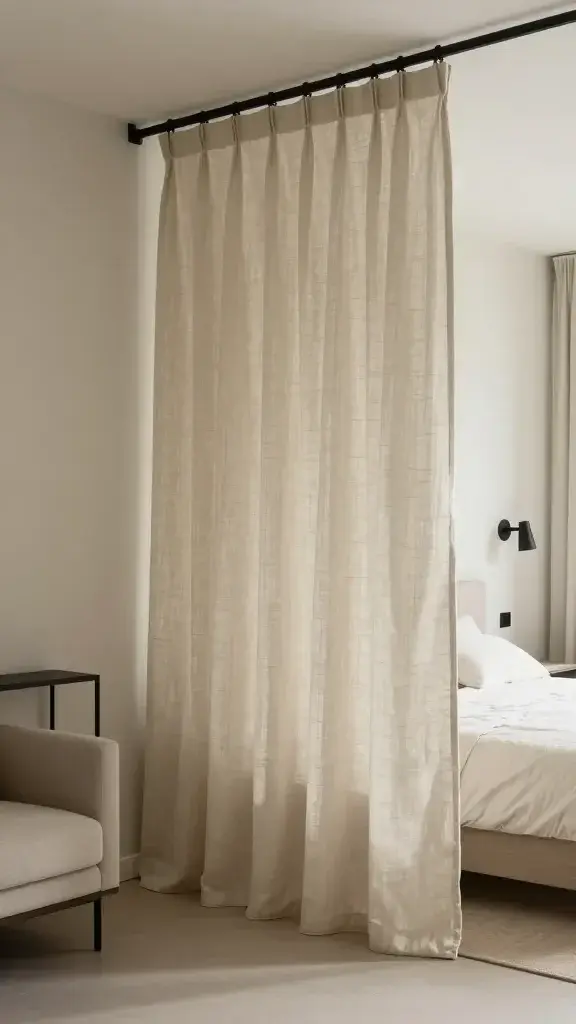 Floor-to-ceiling linen curtain on a ceiling track subtly enclosing the bed area in a studio: curtain partially drawn to reveal a neatly made bed with wall-mounted sconces; the living side shows a compact sofa, slim console, and open walkway from the door; palette of creams and taupes with black metal accents; soft morning light adds calm, no text, no people.