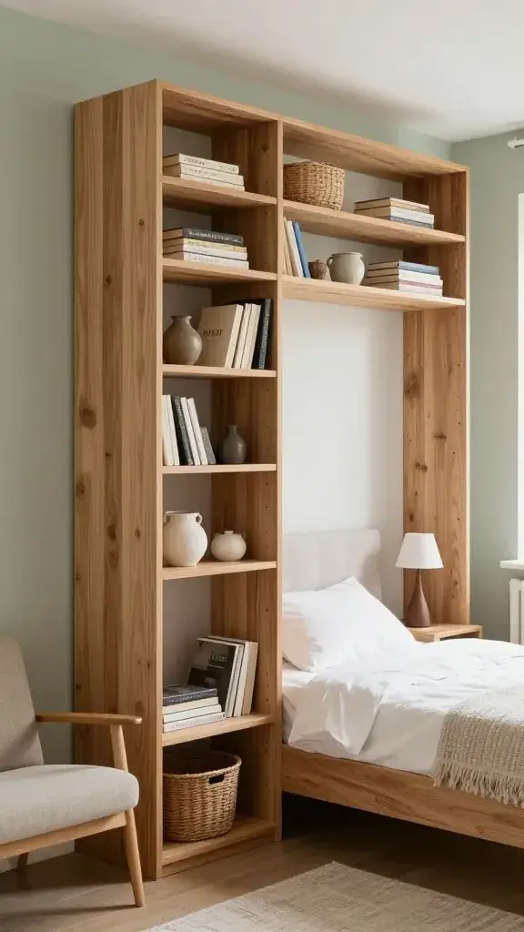 Open studio with a tall open-back bookshelf used as a divider at the foot of the bed: shelves styled with books, baskets, and pottery while still allowing light through; bed area feels tucked away with a headboard against the wall, small bedside table and lamp; on the other side, a lounge chair and small side table create a reading nook; cohesive tones of oak, white, and muted green.