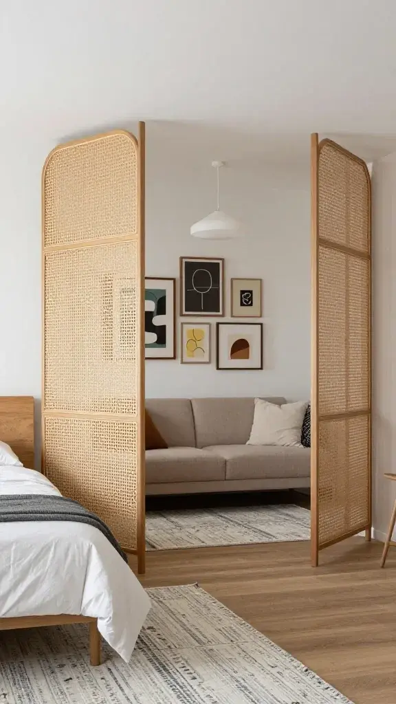 Studio space using a folding screen to separate the sleeping zone: a sculptural rattan or wood slat room screen set a few feet from the bed, creating a semi-private alcove; layered textiles, a monochrome rug under the bed, another under the sofa; framed art clustered over the sofa, pendant light centered in living zone; visible path from the entry to seating without crossing the bed area.