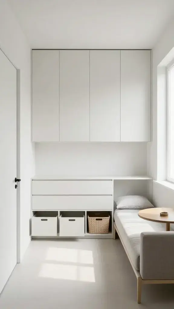 Minimalist studio showcasing visual decluttering and vertical storage: wall-mounted cabinets above a low dresser at the room’s midpoint define zones; under-bed storage drawers slightly ajar, baskets tucked onto shelves; a slim bench at the end of the bed reinforces the boundary; living area features a small round dining table by the window, airy and unobstructed walkway running straight from door to sofa.